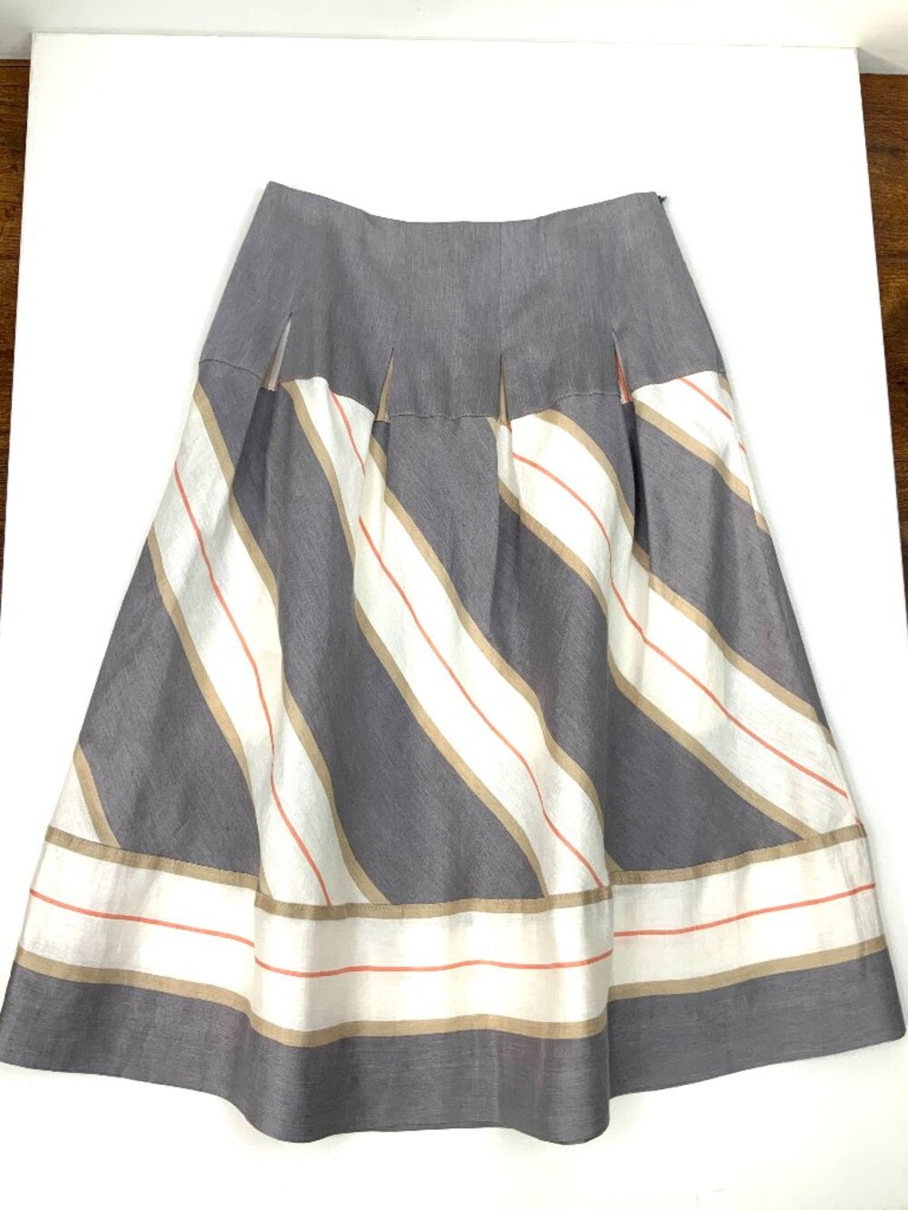 Per Se Brand Carlisle Pleated Midi Linen Striped Retro Skirt Sz (XS - S)